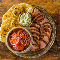 Pork Souvlaki With Tzatziki And Tomato-onion Salad