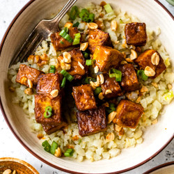 Air Fryer Peanut Curry Tofu With Gingery Cauliflower Rice