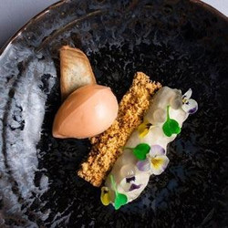 Creme Fraiche Cheesecake, Pistachio Sable, Pear Gel, Peach Sorbet And Almond Tuile - Chef Recipe By Daniel Armon