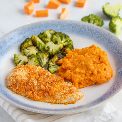 Cheddar Crusted Chicken With Mashed Sweet Potatoes &amp; Roasted Broccoli