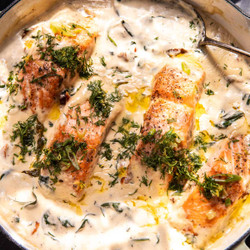 Garlic Butter Baked Salmon In Lemony Parmesan Cream