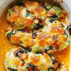 Smothered Chicken With Creamed Spinach, Bacon, Mushrooms