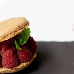 Hazelnut Macarons With Raspberry Sorbet And Rose Opaline