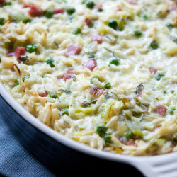 Recipe: Creamy Baked Orzo With Ham, Peas And Leeks