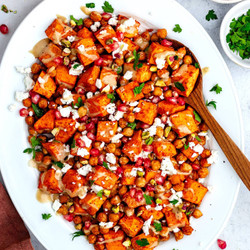 Roasted Sweet Potatoes &amp; Chickpeas With Feta, Pomegranate &amp; Maple Tahini