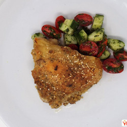 Tahini Chicken Thighs With Tomato Cucumber Salad