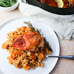 One Pan Butternut Squash, Chicken, &amp; Rice Bake