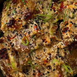 Crispy Smashed Potato Salad + Chilli Crisp Tahini