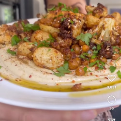 Spiced Roasted Potatoes, Cauliflower &amp; Chickpeas And Creamy Hummus
