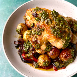 Roasted Chicken and Vegetable Tray bake With Lemony Herb Salsa