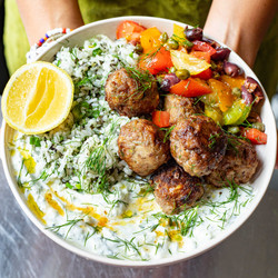 Keftedes With Herbed Rice, Tzatziki &amp; Tomato Salad