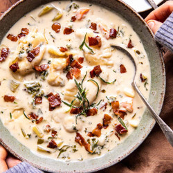 Creamy Pierogi Chicken Soup With Rosemary Bacon Bits