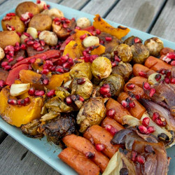 Roast Vegetables With A Pomegranate Vinaigrette And Pomegranate Seeds