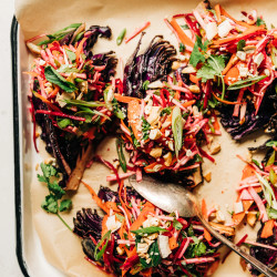 Roasted Cabbage With Ginger Lime Root Slaw &amp; Cashews