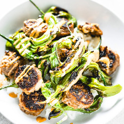Shishito Peppers + Sausage With A Creamy Sriracha Sauce