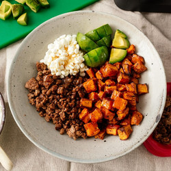 Sweet Potato Beef Bowl With Hot Honey And Cottage Cheese