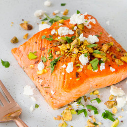 Ghee-seared Wild Alaska Salmon With Lemon, Feta And Toasted Pistachios