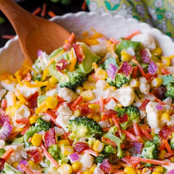 Creamy Broccoli, Cauliflower, Corn, Bacon Salad