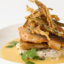 Grilled Sea Bass, Crisp Okra Fingers, Coconut Rice And Dhal Sauce