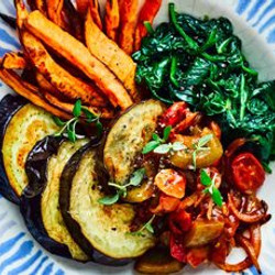 Roast Aubergine With Goulash Sauce &amp; Sweet Potato Fries
