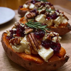 Maple Pecan &amp; Brie Stuffed Sweet Potatoes With A Cranberry Glaze