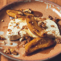 No-churn Tahini Ice Cream With Caramelized Walnuts and caramelized bananas