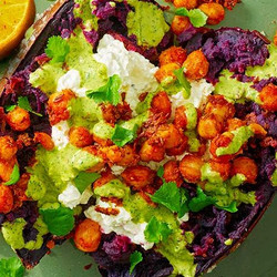 Baked Sweet Potatoes With Whipped Feta, Spiced Chickpeas &amp; Green Tahini