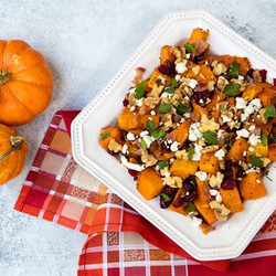 Roasted Butternut Squash With Dried Cranberries, Walnuts, And Gorgonzola Crumbles
