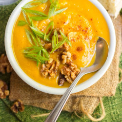 Miso Kabocha Squash Soup With Maple Roasted Walnuts