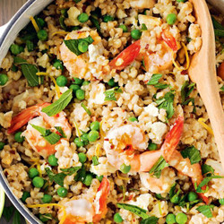 Prawn, Pea And Barley Risotto With Lemon Minted Fetta