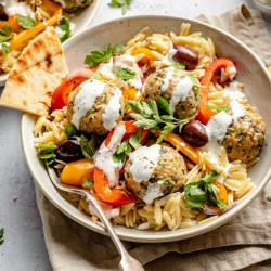 Greek Turkey Meatballs With Lemon Orzo &amp; Creamy Feta Yogurt Sauce