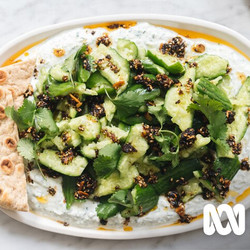 Smashed Cucumbers With Garlicky Coriander Yoghurt And Chilli Crisp