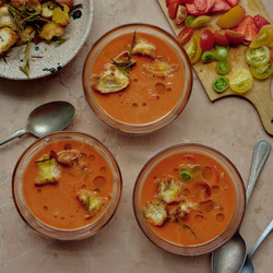 Watermelon And Tomato Gazpacho With Rosemary Croutons
