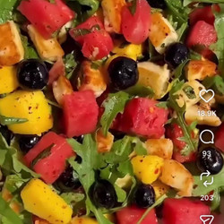 Watermelon, Mango And Mint Salad With Grilled Halloumi