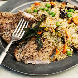 Crispy Sage Pork Cutlets With Couscous, Peas, Figs, And Pistachios