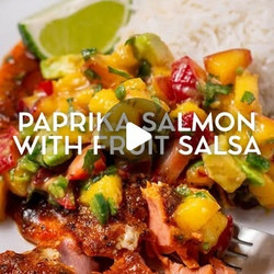Roasted Paprika Lime Salmon With Fluffy Coconut Rice And Mango Salsa