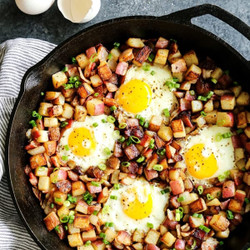 Skillet Fried Potato Hash With Bacon And Eggs