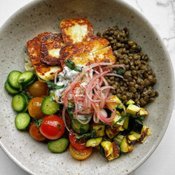 Summer Bowl With Hot Honey Halloumi