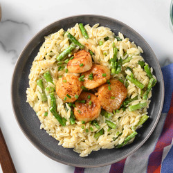 Brown Butter Blackened Scallops With Creamy Asparagus Orzo