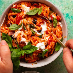 Creamy Goat Cheese &amp; Roasted Red Pepper Risoni (orzo)