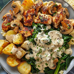 Greek Chicken Alfredo with Truffle Mushroom Sauce