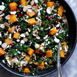 Butternut Squash And Kale Salad With Pomegranate, Toasted Almonds + Goat Cheese