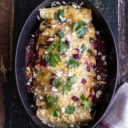 Brown Sugar Roasted Chicken Enchiladas W/fire Roasted Tomatillo-cranberry Sauce.