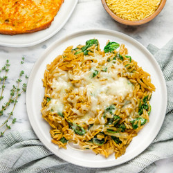 French Onion Orzo Skillet with Spinach, Thyme &amp; Toasted Sourdough