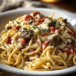 Steak Alfredo Spaghetti With Creamy Parmesan And Roasted Red Peppers