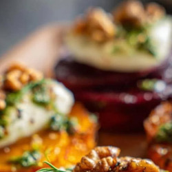 Caramelized Sweet Potato Rounds With Burrata, Roasted Beets &amp; Walnut Sage Pesto
