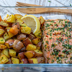 One Sheet-pan Garlic Butter Salmon + Red Potatoes