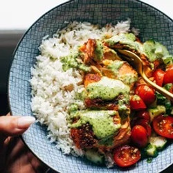 Salmon with Basil Sauce and Tomato Salad