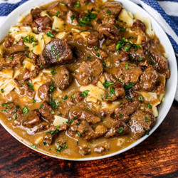 Nana's Beef Tips with Noodles