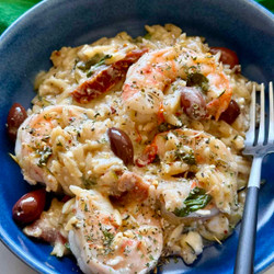One Pan Mediterranean Shrimp Orzo Bake
